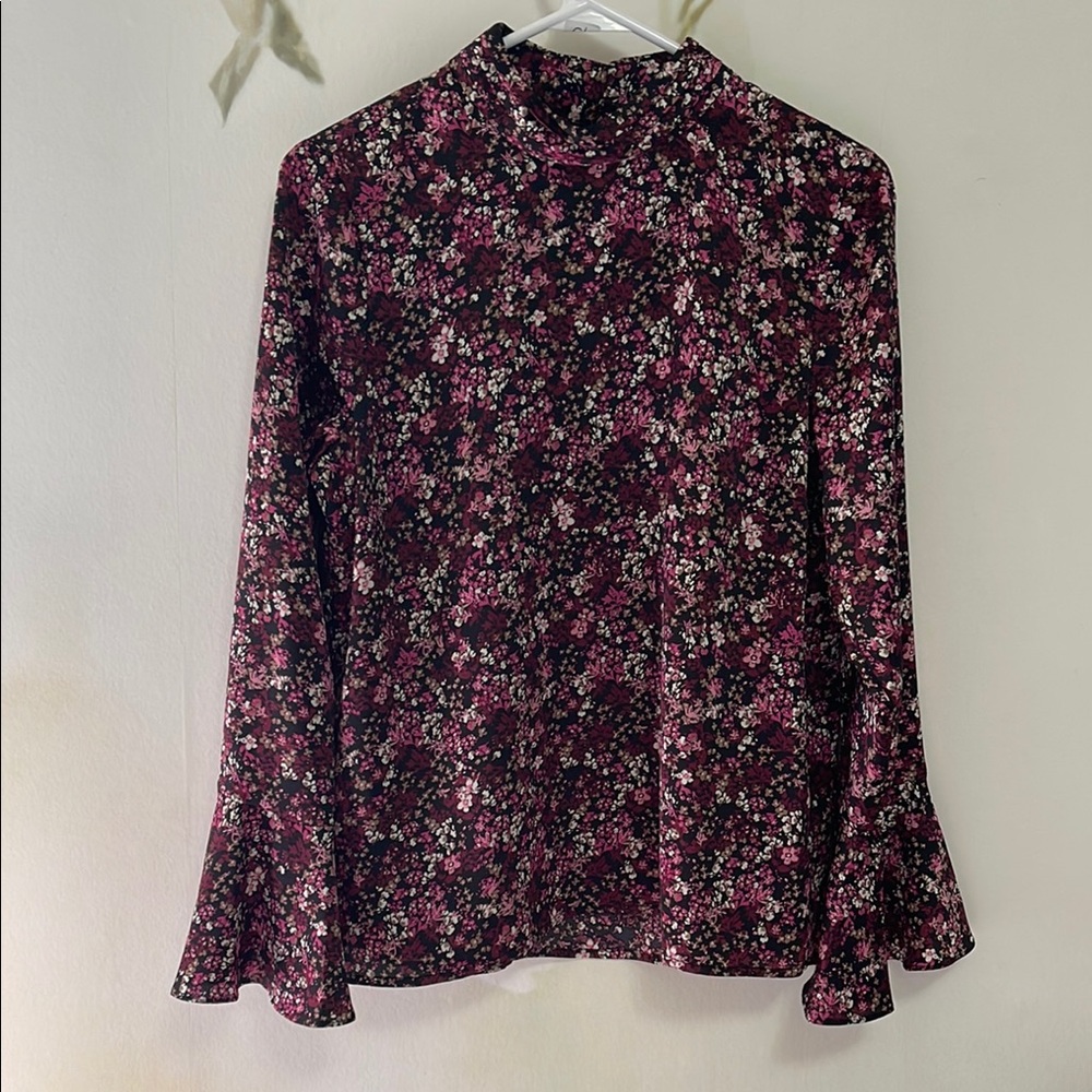 Halogen Bell Sleeve Mock Neck Women's Floral Blouse - Picture 4 of 13